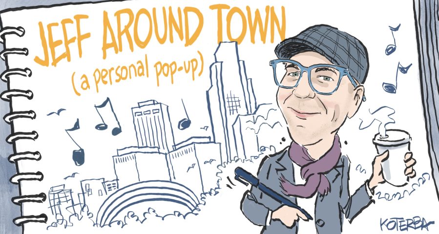 Cartoon Drawing of Jeff Koterba holding a pen and a cup of coffee. That image is in front of a drawing of the Omaha skyline with music notes coming off of it. Above that it reads 