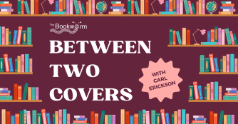 A “Between Two Covers” segment poster is displayed at The Bookworm bookstore, surrounded by bookshelves and reading displays.