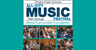 A collage of six images featuring Omaha Public Schools students performing in a symphony setting during the All-City Music Festival.