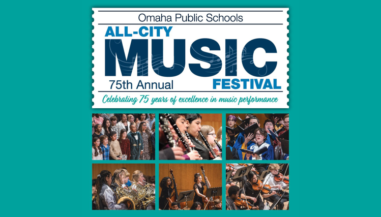 A collage of six images featuring Omaha Public Schools students performing in a symphony setting during the All-City Music Festival.