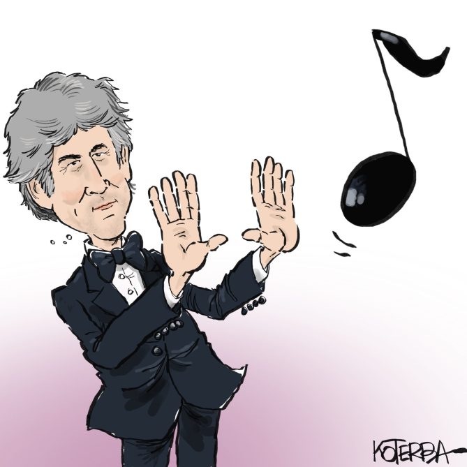 Koterba Caroon drawing of Director Alexander Payne. His hands are up, moving a music note into place.