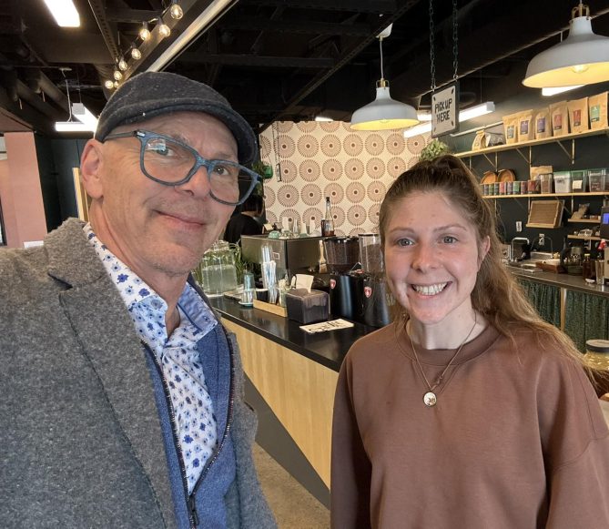 Jeff Koterba and Corin Andrews (barista), take a selfie at the Omaha Conservatory of Music Myrtle and Cyress.