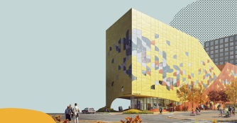 A futuristic, computer-generated illustration of a reimagined Omaha Children’s Museum with sleek architecture, bright colors, and imaginative design elements.