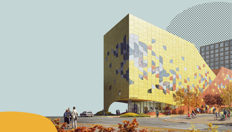 A futuristic, computer-generated illustration of a reimagined Omaha Children’s Museum with sleek architecture, bright colors, and imaginative design elements.