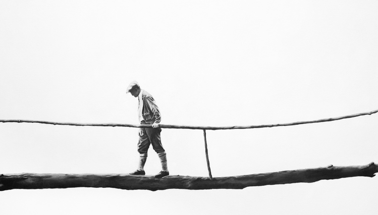 Painting titled The Space in Between by Josephine Langbehn, depicting a solitary man walking across a hanging bridge.