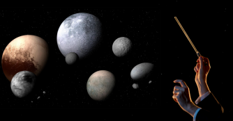 Poster for the Omaha Symphony’s performance of The Planets, featuring a pair of conductor’s hands raised over an illustrated solar system.