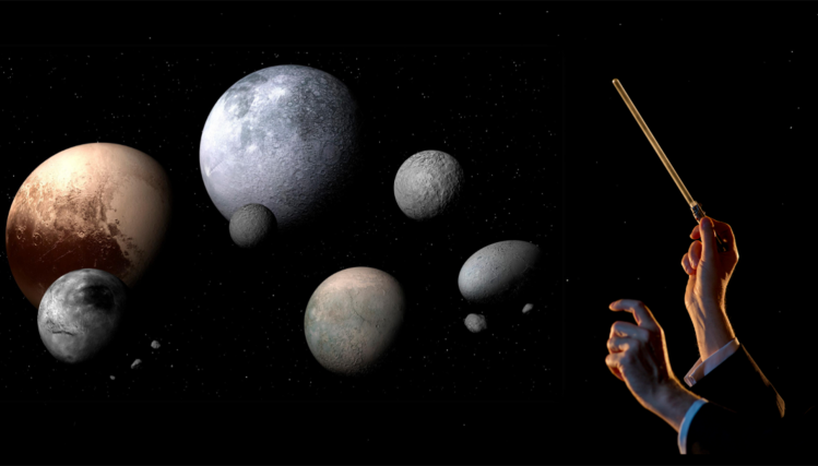 Poster for the Omaha Symphony’s performance of The Planets, featuring a pair of conductor’s hands raised over an illustrated solar system.