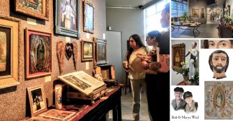 Poster featuring images of museum visitors and artwork from the Saints Above & Sinners Below exhibit.