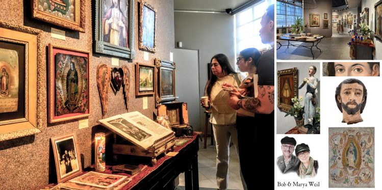 Poster featuring images of museum visitors and artwork from the Saints Above & Sinners Below exhibit.