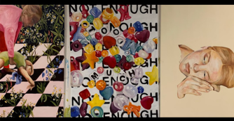 Three student artworks displayed at the Annual Juried Student Art Exhibition at the UNO Art Gallery, including a woman's head sculpture, a piece with colorful pins, and an artwork of a mother and child on a checkerboard floor.