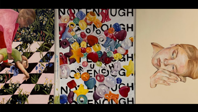 Three student artworks displayed at the Annual Juried Student Art Exhibition at the UNO Art Gallery, including a woman's head sculpture, a piece with colorful pins, and an artwork of a mother and child on a checkerboard floor.