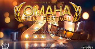 A glowing, golden graphic poster for the Omaha Film Festival 2025, featuring cinematic design elements.