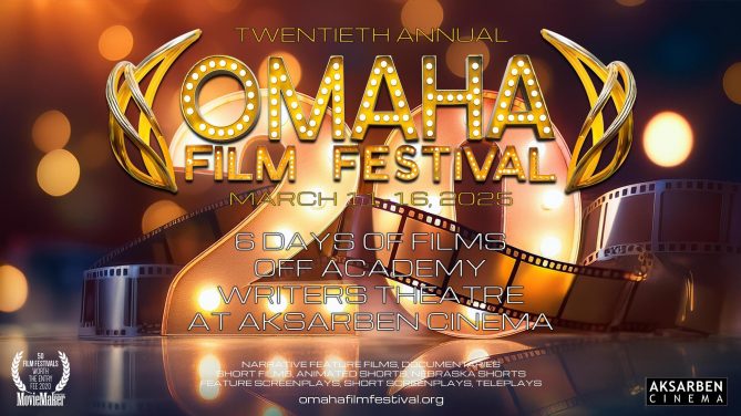 A glowing, golden graphic poster for the Omaha Film Festival 2025, featuring cinematic design elements.