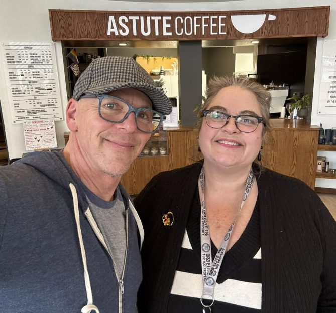 Jeff Koterba and Mirand McQuellan smile in a selfie at Astute Coffee. 