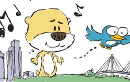 Cartoon of a prairie dog and a bird surrounded by music notes and the Omaha skyline