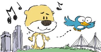 Cartoon of a prairie dog and a bird surrounded by music notes and the Omaha skyline