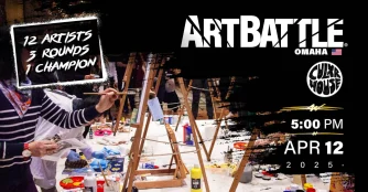 A vibrant poster promoting Art Battle Omaha, featuring live painting, bold brushstrokes, and cheering crowds.
