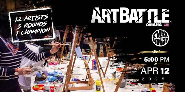 A vibrant poster promoting Art Battle Omaha, featuring live painting, bold brushstrokes, and cheering crowds.