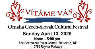 Poster for the Omaha Czech-Slovak Cultural Festival featuring traditional folk designs, event details, and colorful national symbols.