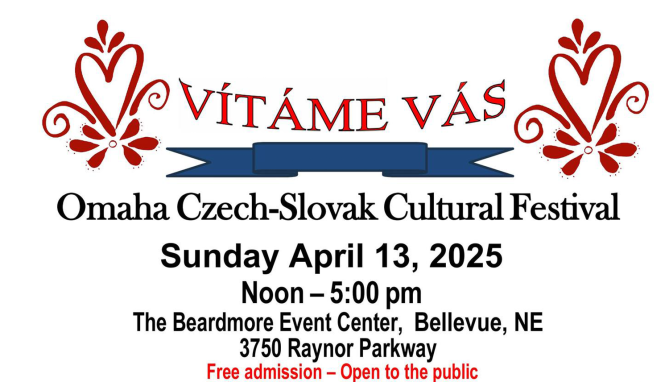 Poster for the Omaha Czech-Slovak Cultural Festival featuring traditional folk designs, event details, and colorful national symbols.