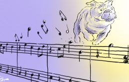A bulldog scampers over a staff of musical notes.
