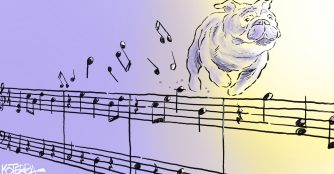 A bulldog scampers over a staff of musical notes.