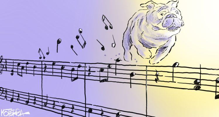 A bulldog scampers over a staff of musical notes.