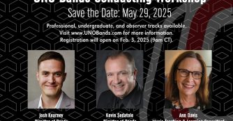 Poster for the UNO Bands Conducting Workshop. Featured images or illustrations of conductors Josh Kearney, Kevin Sedatole, and Ann Davis are shown, with text highlighting the event title and workshop details. Designed to promote an educational and collaborative music experience.