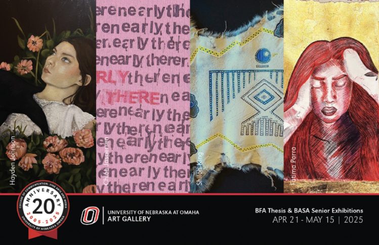 A UNO student adjusts their artwork on display in a professional gallery space during the BFA Thesis and BASA Senior Exhibition.