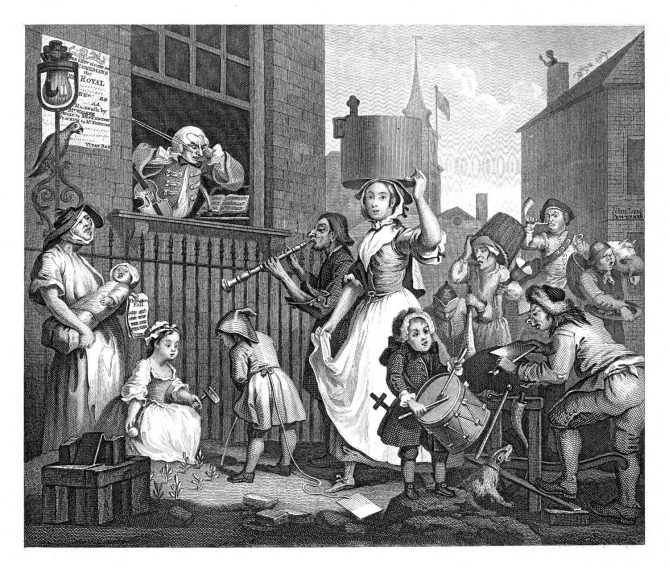 A Hogarth print called "The Enraged Musician." Shows a frustrated musician inside a window trying to practice music as several people outside the window are making noise, banging on drums, etc. 