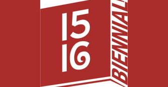 Red and black logo reading “15 | 16” stacked atop the words “Regional Biennial”, against a vertical rectangular backdrop with a stylized dotted right border.