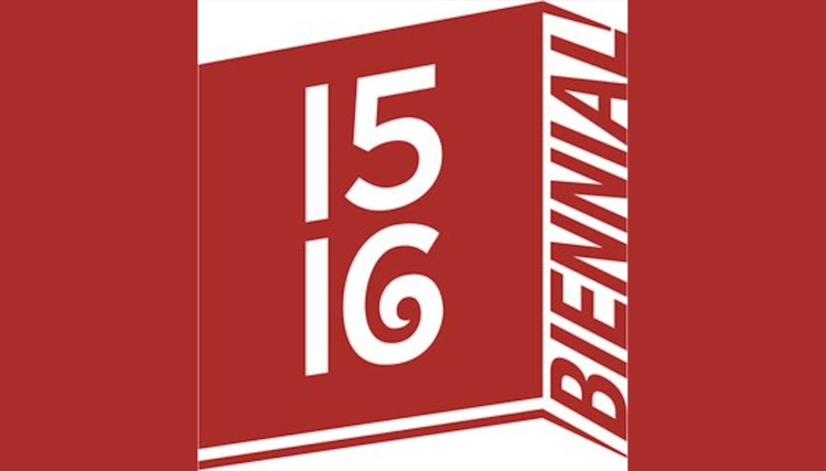 Red and black logo reading “15 | 16” stacked atop the words “Regional Biennial”, against a vertical rectangular backdrop with a stylized dotted right border.
