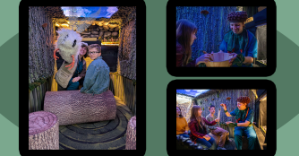 Children in colorful costumes perform a lively scene from Beatwood Hollow on stage at Omaha Community Playhouse.