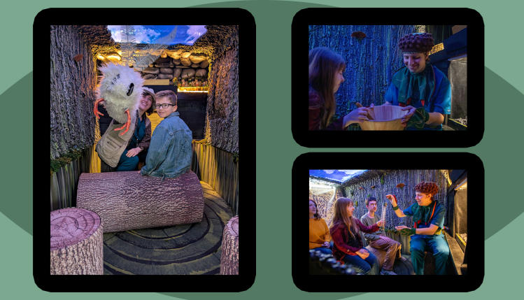 Children in colorful costumes perform a lively scene from Beatwood Hollow on stage at Omaha Community Playhouse.