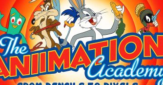 Colorful poster featuring cartoon characters of various styles and eras, promoting the Durham Museum’s “Animation Academy” exhibit.