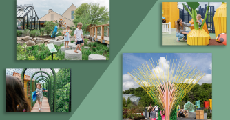 Four images that show people interacting with different parts of Sofia's Play Garden