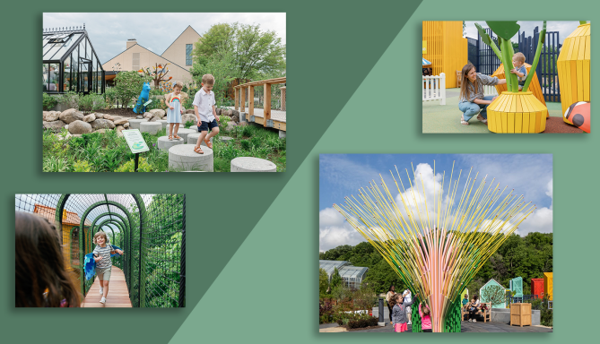 Four images that show people interacting with different parts of Sofia's Play Garden
