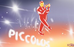 Drawing of Piccolo Pete's restaurant sign with a piccolo player in neon, with stars in the background.