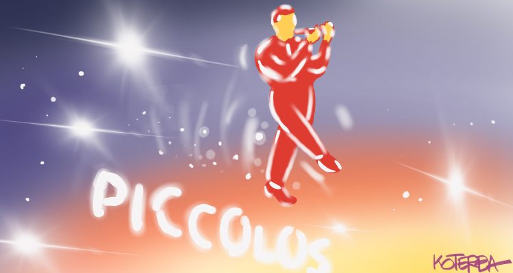 Drawing of Piccolo Pete's restaurant sign with a piccolo player in neon, with stars in the background.