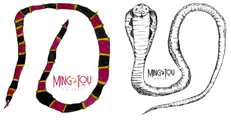 Two Ming Toy Gallery logos. Both logos have illustrated snakes, one colored and one uncolored, alongside the gallery name.