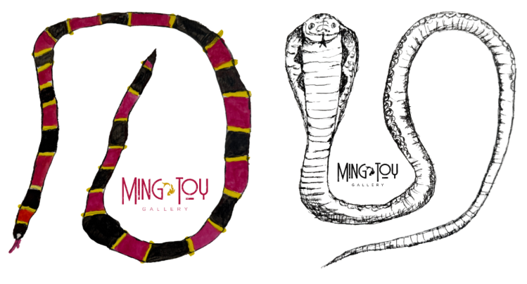 Two Ming Toy Gallery logos. Both logos have illustrated snakes, one colored and one uncolored, alongside the gallery name.