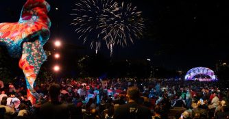 Audience watching fireworks light up the night sky during the Omaha Symphony’s 4th of July celebration in downtown Omaha.