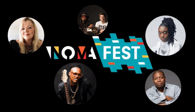 NOMAFEST logo with five musicians in circles surrounding it.