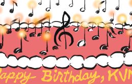 Illustration showing a birthday cake with musical notes that are also lit candles. The message says: Happy Birthday, KVNO