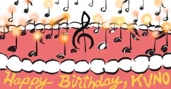 Illustration showing a birthday cake with musical notes that are also lit candles. The message says: Happy Birthday, KVNO