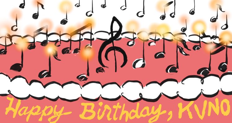 Illustration showing a birthday cake with musical notes that are also lit candles. The message says: Happy Birthday, KVNO