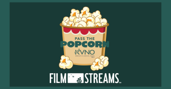 Logo for Pass the Popcorn, KVNO’s film segment, featuring Film Streams.