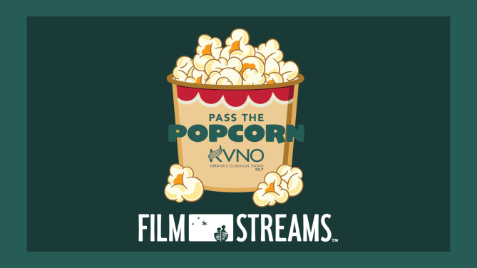 Logo for Pass the Popcorn, KVNO’s film segment, featuring Film Streams.
