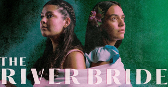 The two female leads of The River Bride with the show's logo