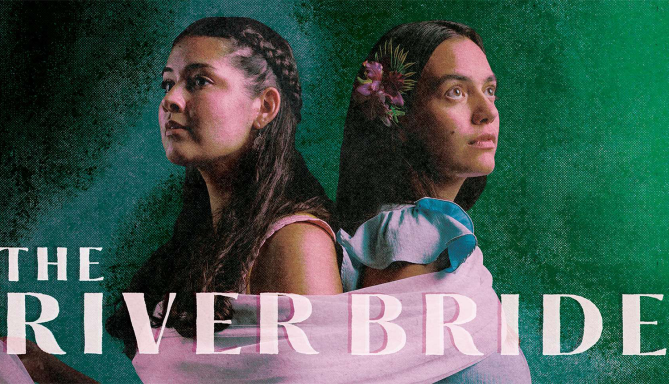 The two female leads of The River Bride with the show's logo